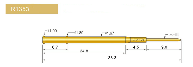 R1353-W探針套管、1.67mm測試針、總長38.3mm、彈簧針套管圖片、測試針套管圖片、頂針套管圖片、探針套管圖片